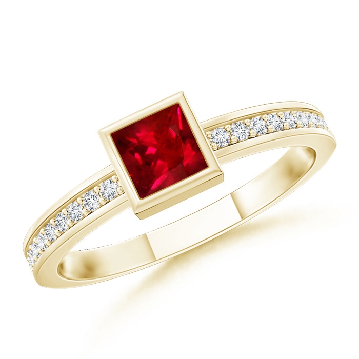 3mm AAAA Bezel-Set Square Ruby Stackable Promise Ring in 18K Yellow Gold 