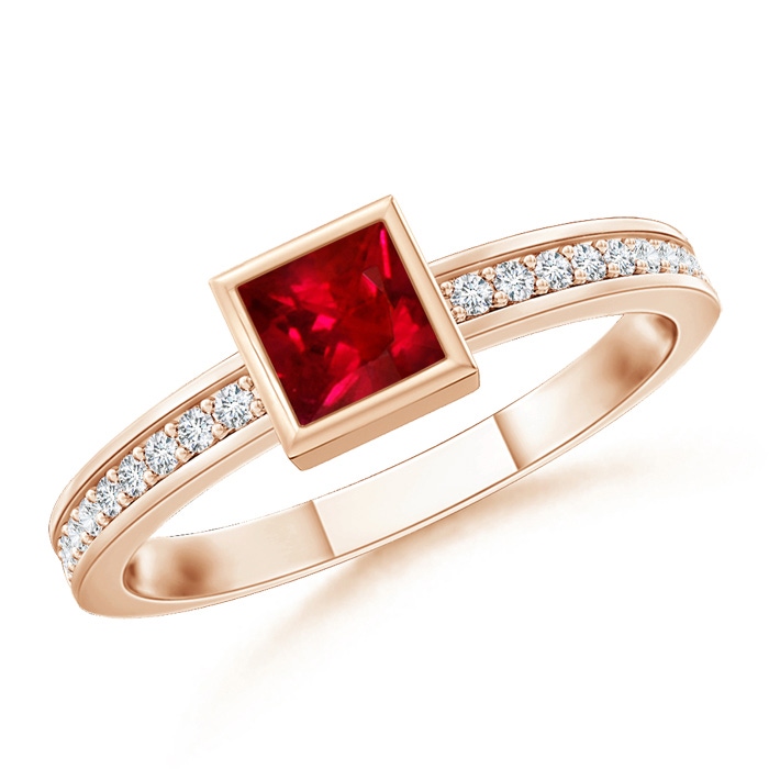 3mm AAAA Bezel-Set Square Ruby Stackable Promise Ring in Rose Gold