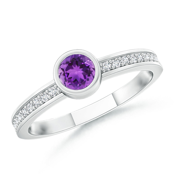 3.5mm AAA Bezel Round Amethyst Stackable Ring with Diamond Accents in White Gold