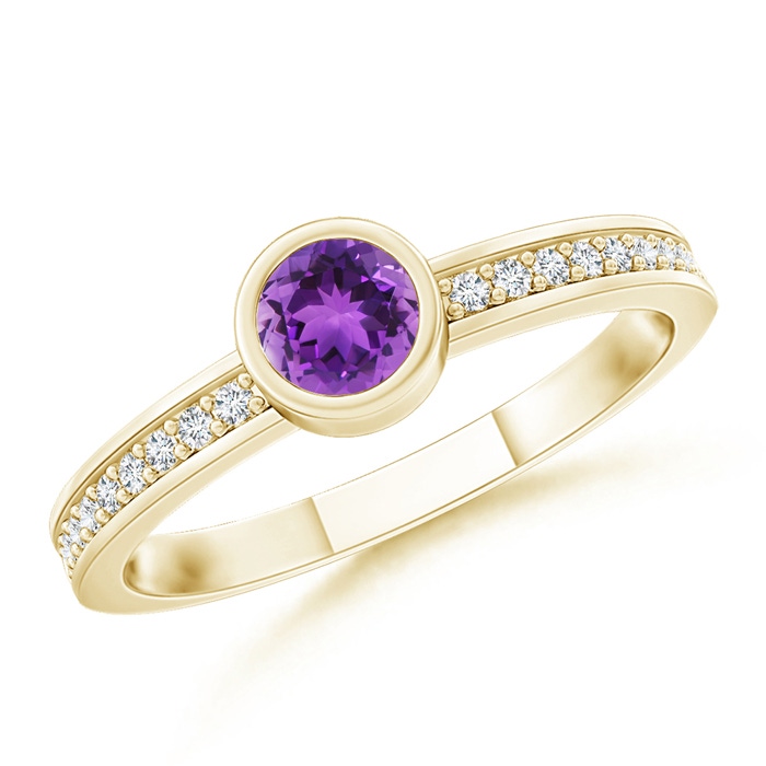 3.5mm AAA Bezel Round Amethyst Stackable Ring with Diamond Accents in Yellow Gold 