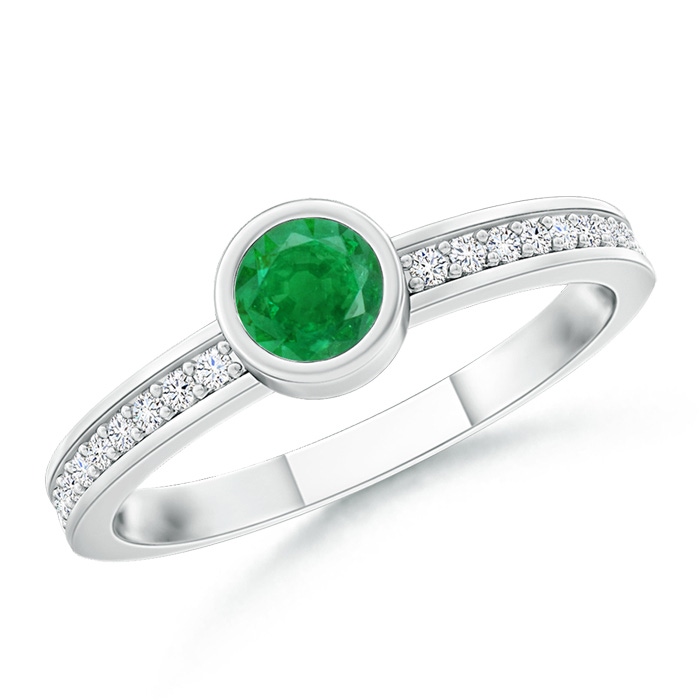 3.5mm AA Bezel Round Emerald Stackable Ring with Diamond Accents in White Gold 