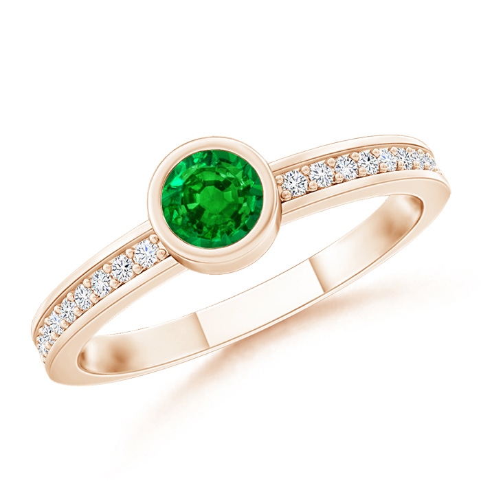3.5mm AAAA Bezel Round Emerald Stackable Ring with Diamond Accents in Rose Gold
