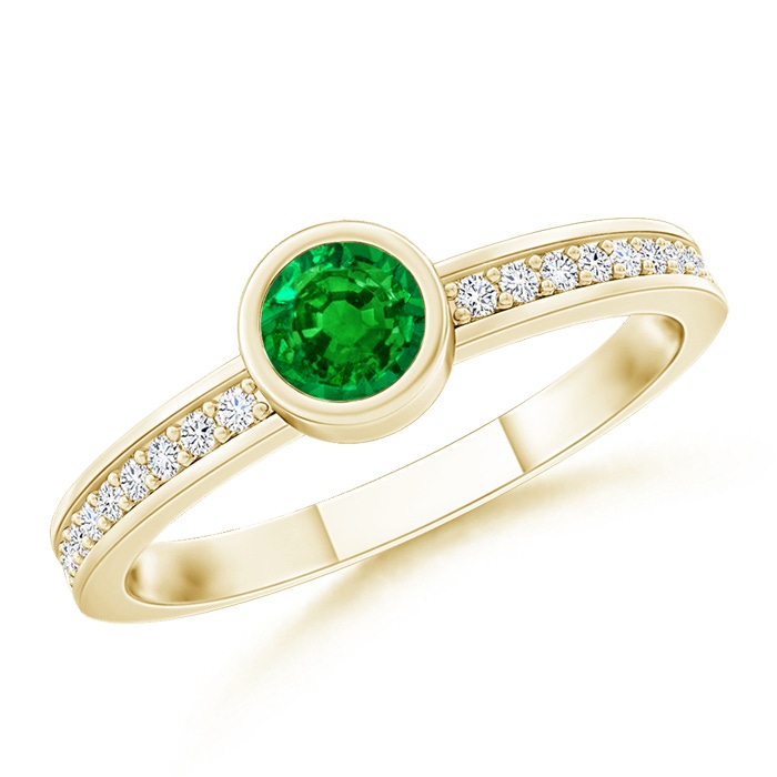 3.5mm AAAA Bezel Round Emerald Stackable Ring with Diamond Accents in Yellow Gold