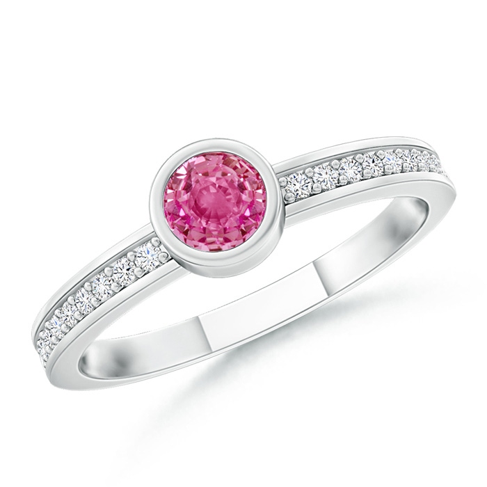 3.5mm AAA Bezel Round Pink Sapphire Stackable Ring with Diamond Accents in White Gold