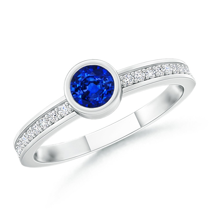 3.5mm AAAA Bezel Round Sapphire Stackable Ring with Diamond Accents in White Gold 