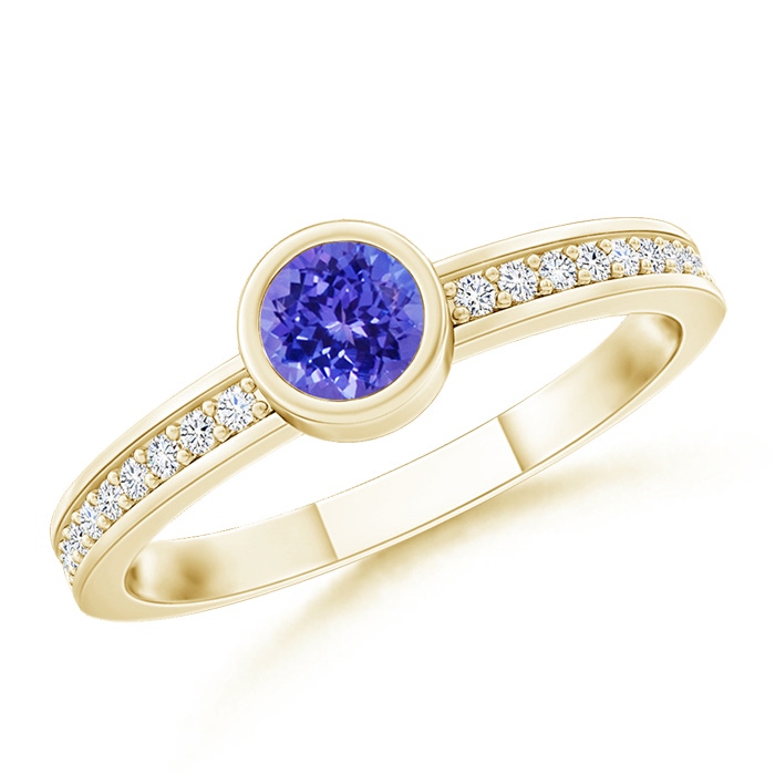 3.5mm AAAA Bezel Round Tanzanite Stackable Ring with Diamond Accents in Yellow Gold