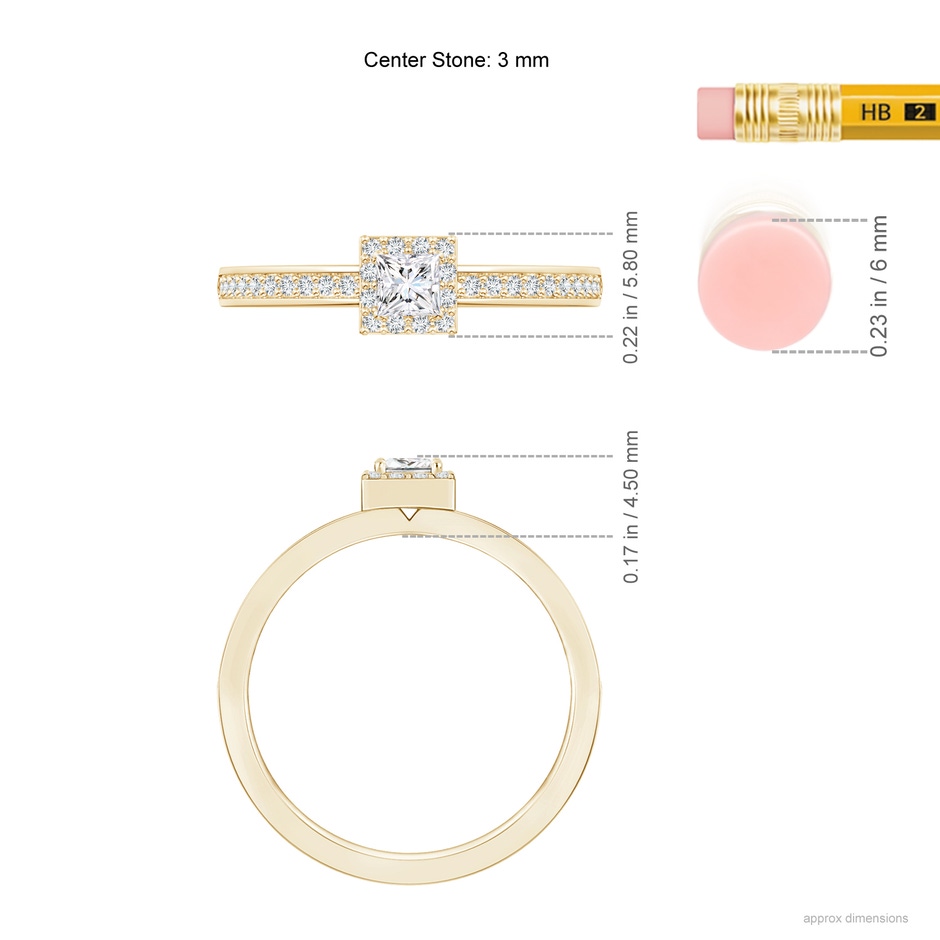 3mm GVS2 Princess-Cut Diamond Halo Stackable Ring in Yellow Gold ruler