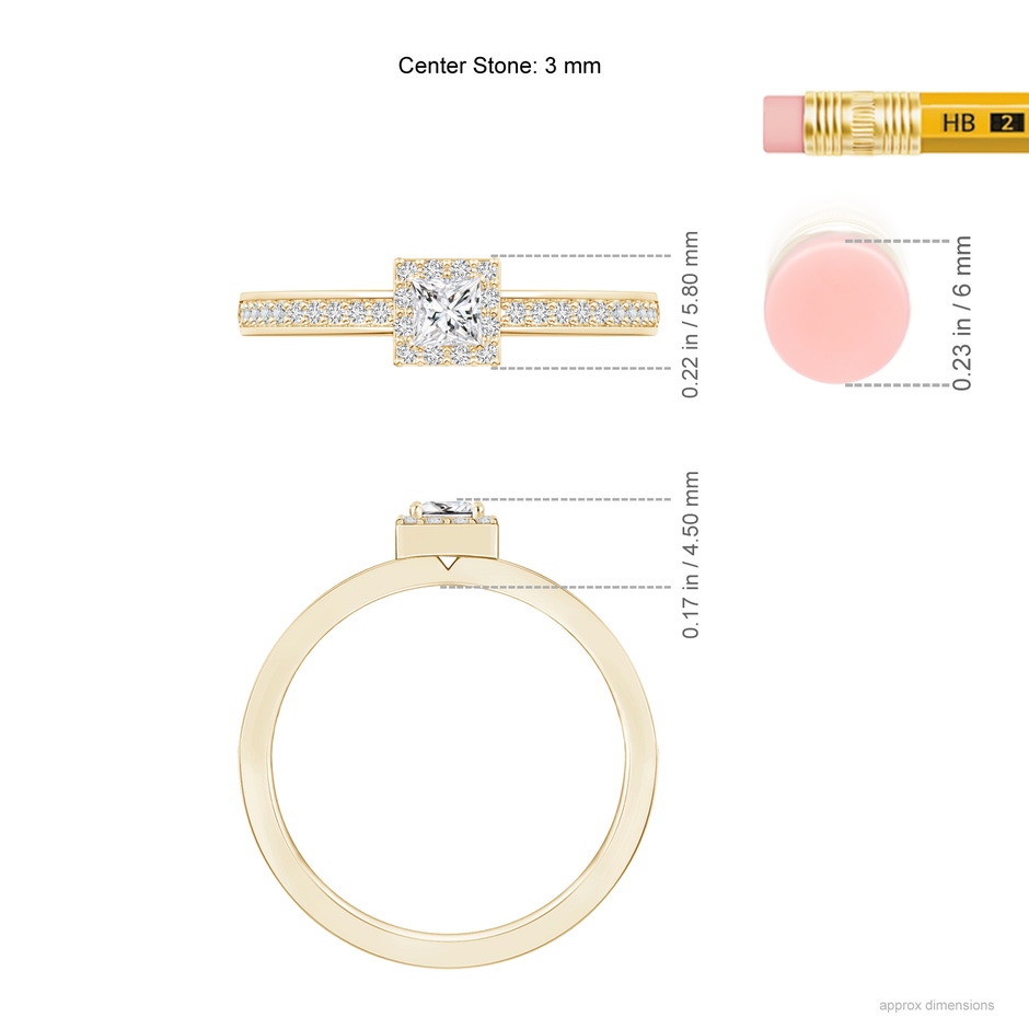 3mm HSI2 Princess-Cut Diamond Halo Stackable Ring in Yellow Gold ruler
