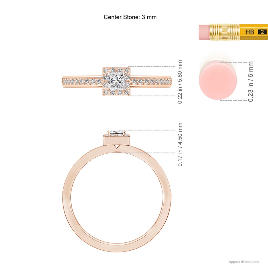 3mm IJI1I2 Princess-Cut Diamond Halo Stackable Ring in Rose Gold ruler