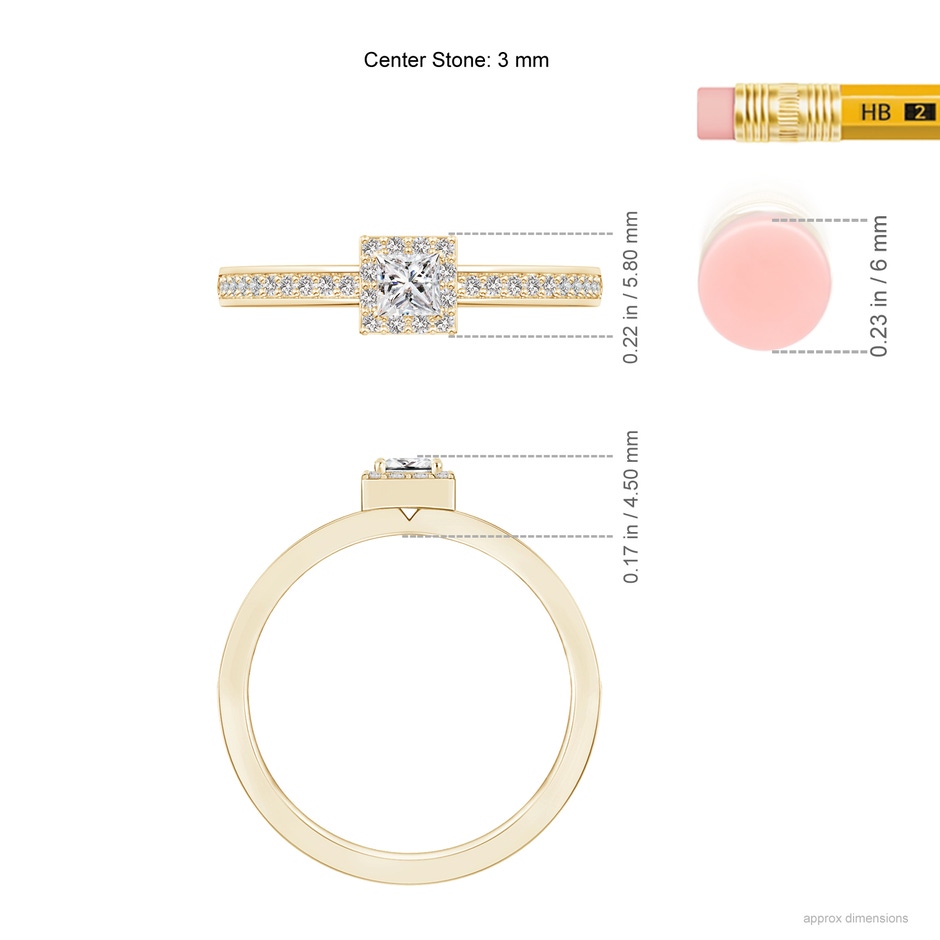 3mm IJI1I2 Princess-Cut Diamond Halo Stackable Ring in Yellow Gold ruler