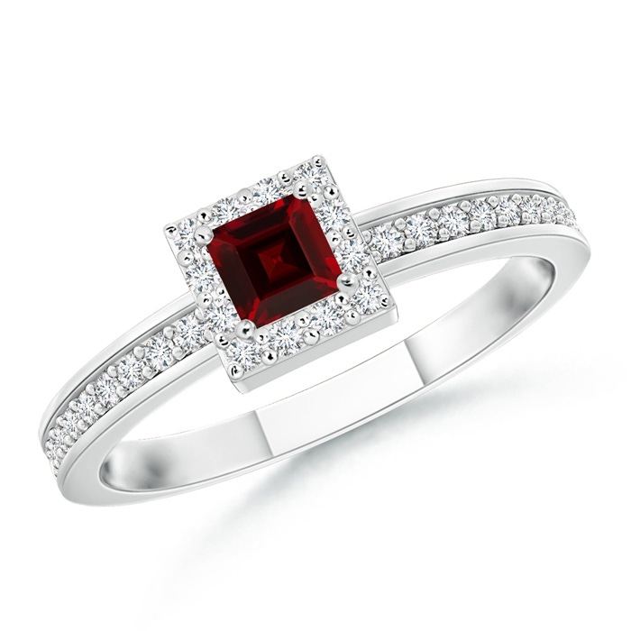 3mm AAA Square Garnet Stackable Ring with Diamond Halo in White Gold 