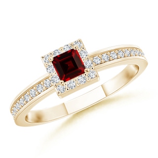 3mm AAAA Square Garnet Stackable Ring with Diamond Halo in Yellow Gold