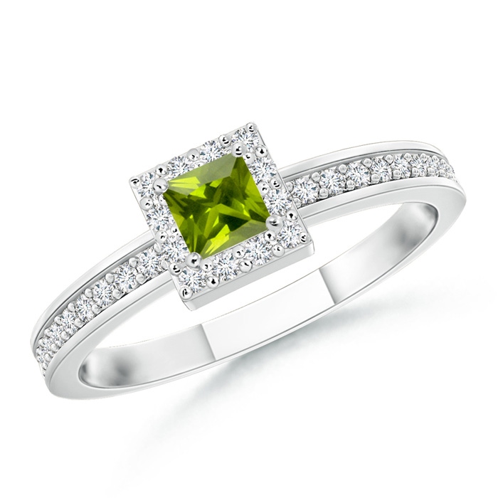 3mm AAA Square Peridot Stackable Ring with Diamond Halo in White Gold 