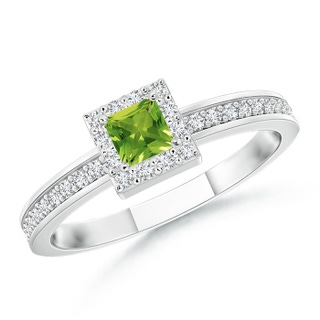 3mm AAAA Square Peridot Stackable Ring with Diamond Halo in White Gold