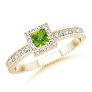 3mm AAAA Square Peridot Stackable Ring with Diamond Halo in Yellow Gold