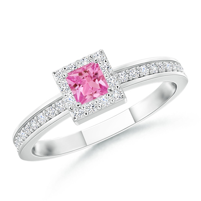 3mm AAA Square Pink Sapphire Stackable Ring with Diamond Halo in White Gold