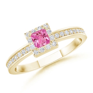 3mm AAAA Square Pink Sapphire Stackable Ring with Diamond Halo in Yellow Gold
