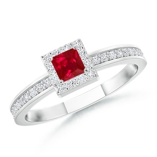 3mm AAA Square Ruby Stackable Ring with Diamond Halo in White Gold