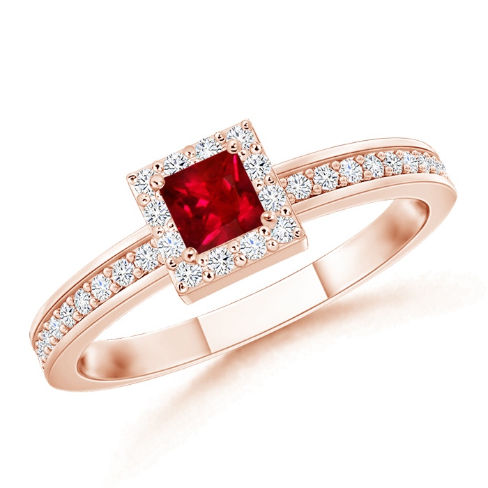 3mm AAAA Square Ruby Stackable Ring with Diamond Halo in Rose Gold