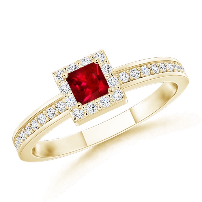 3mm AAAA Square Ruby Stackable Ring with Diamond Halo in Yellow Gold