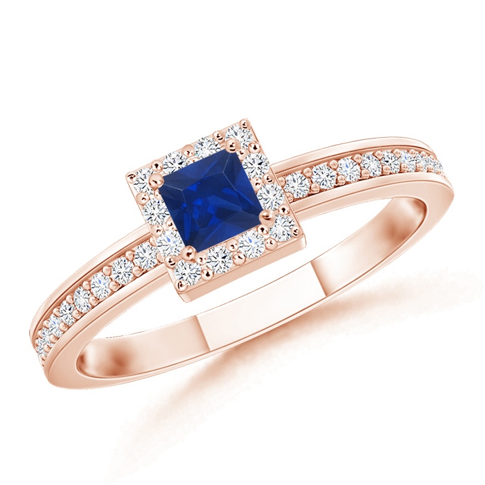 3mm AAA Square Blue Sapphire Stackable Ring with Diamond Halo in Rose Gold 