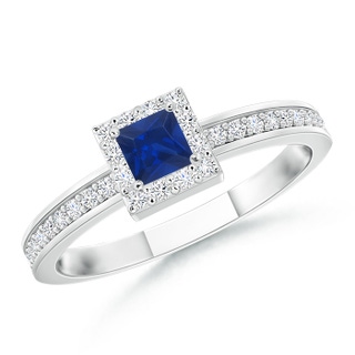 3mm AAA Square Blue Sapphire Stackable Ring with Diamond Halo in White Gold