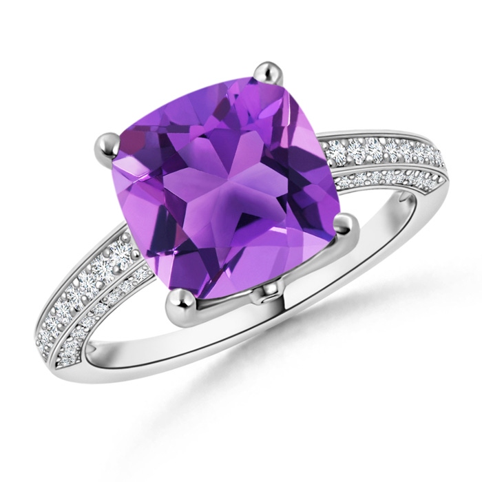 10mm AAA Solitaire Cushion Amethyst Cocktail Ring with Diamond Accents in White Gold 