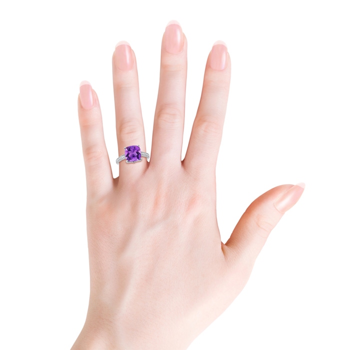 10mm AAA Solitaire Cushion Amethyst Cocktail Ring with Diamond Accents in White Gold product image