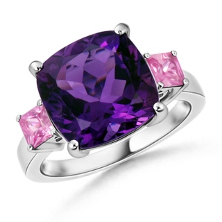 12mm AAA Cushion Amethyst Cocktail Ring with Pink Sapphires in 10K White Gold