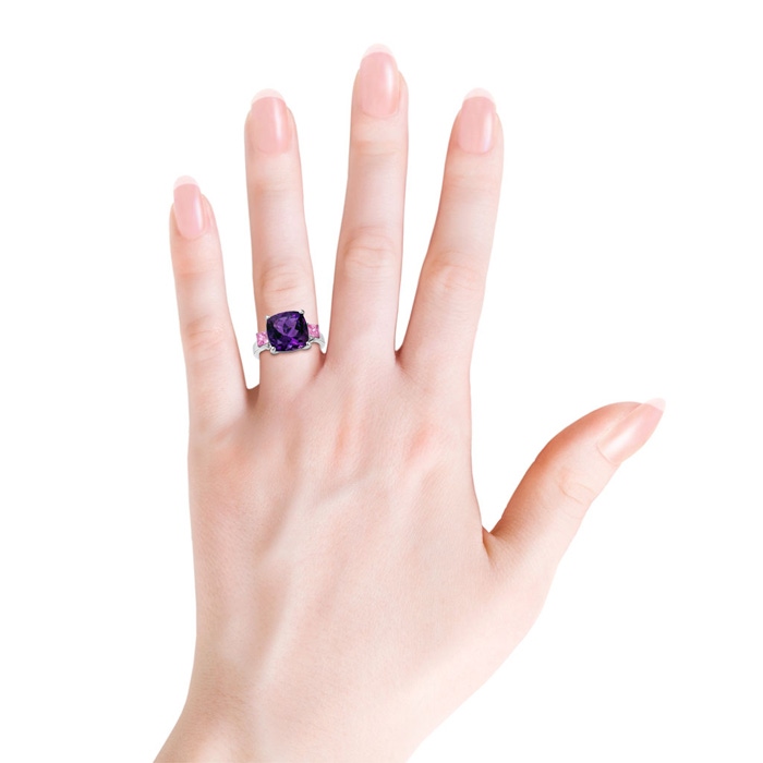 12mm AAA Cushion Amethyst Cocktail Ring with Pink Sapphires in White Gold Product Image