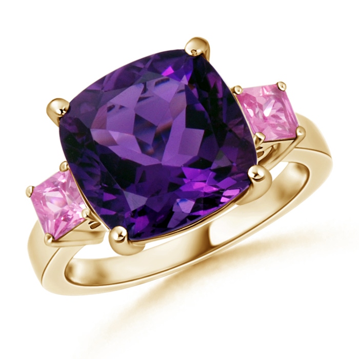 12mm AAA Cushion Amethyst Cocktail Ring with Pink Sapphires in Yellow Gold