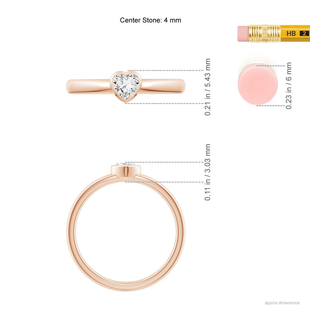 4mm GVS2 Bezel-Set Solitaire Heart Diamond Promise Ring in Rose Gold Ruler