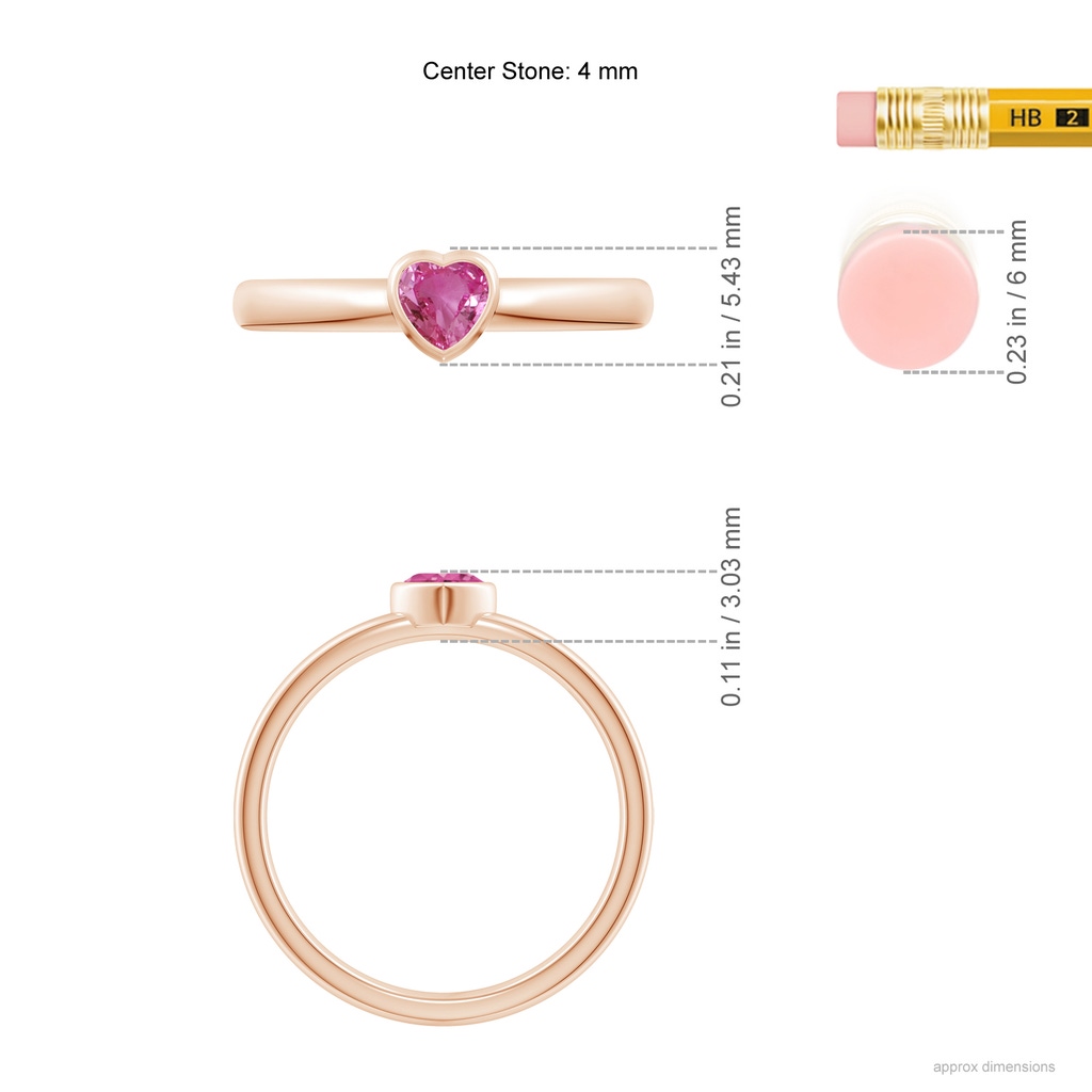 4mm AAAA Bezel-Set Solitaire Heart Pink Sapphire Promise Ring in Rose Gold Ruler