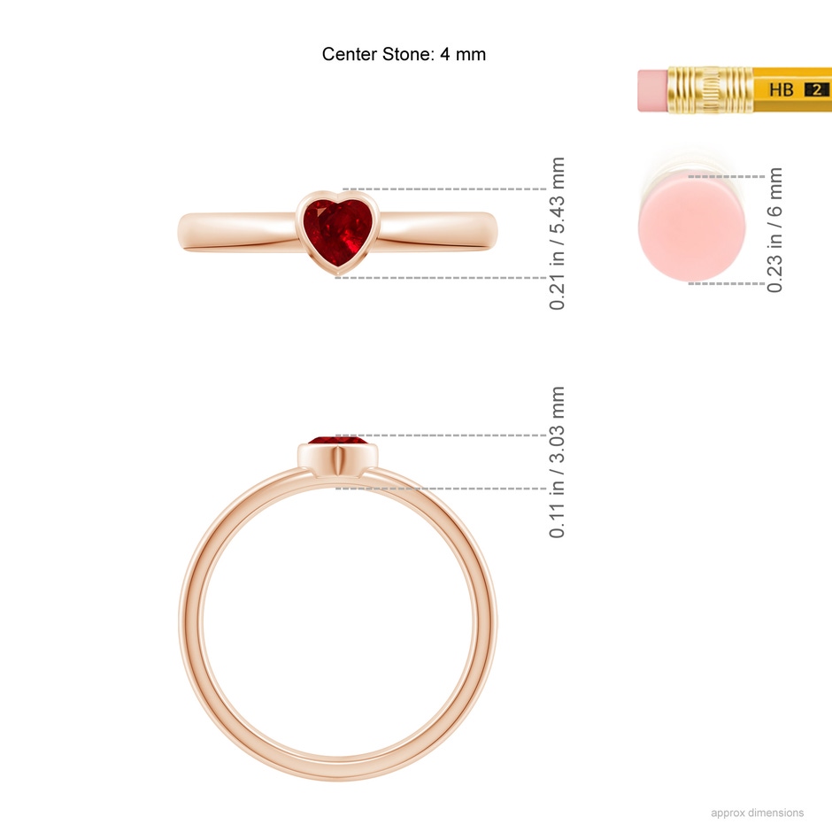 4mm AAAA Bezel-Set Solitaire Heart Ruby Promise Ring in Rose Gold ruler