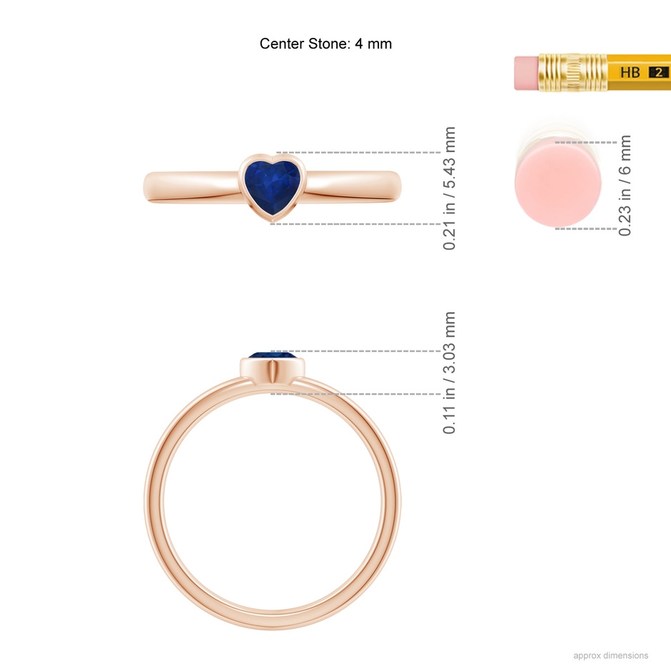 4mm AA Bezel-Set Solitaire Heart Blue Sapphire Promise Ring in Rose Gold ruler