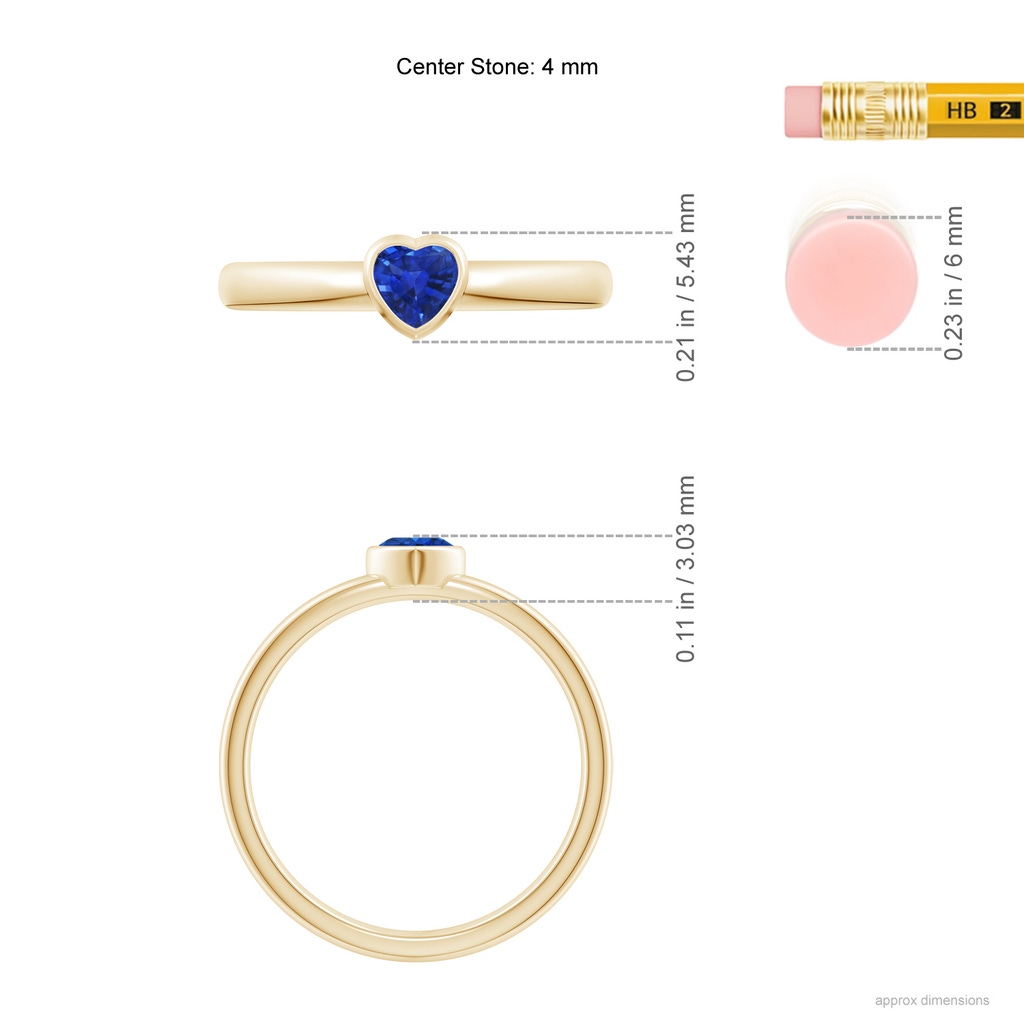 4mm AAA Bezel-Set Solitaire Heart Blue Sapphire Promise Ring in Yellow Gold Ruler
