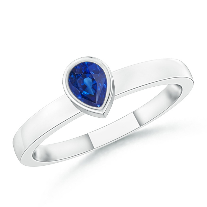 4x3mm AAA Bezel-Set Solitaire Pear Blue Sapphire Stackable Ring in White Gold