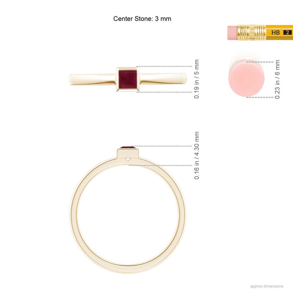3mm A Bezel-Set Solitaire Square Ruby Stackable Ring in Yellow Gold ruler