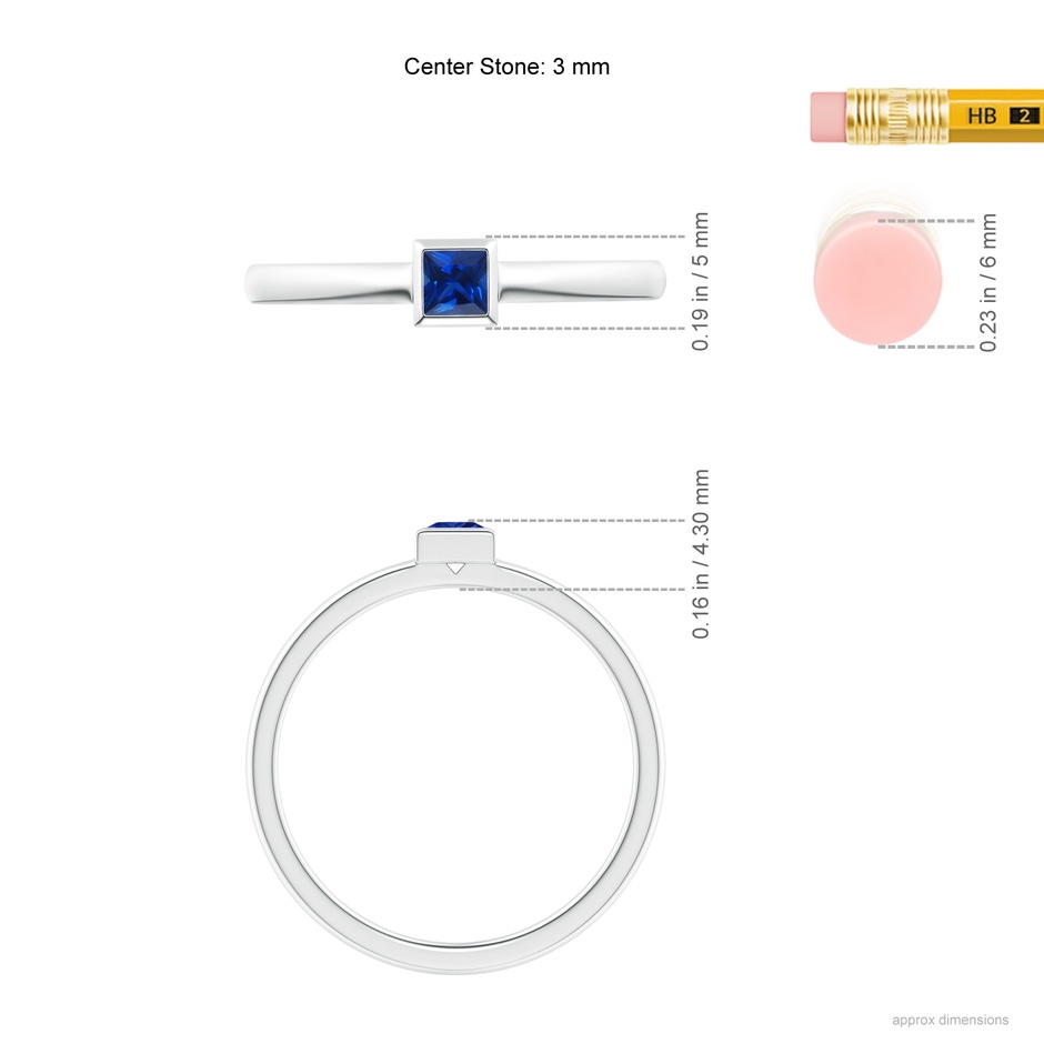 3mm AAAA Bezel-Set Solitaire Square Blue Sapphire Stackable Ring in P950 Platinum ruler