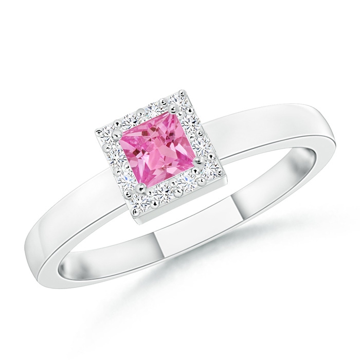 3mm AAA Square Pink Sapphire Halo Promise Ring with Diamonds in White Gold