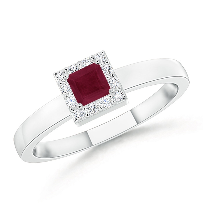 3mm A Square Ruby Halo Promise Ring with Diamonds in White Gold 