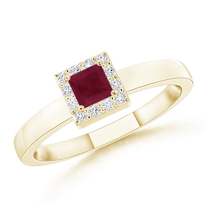 3mm A Square Ruby Halo Promise Ring with Diamonds in Yellow Gold 
