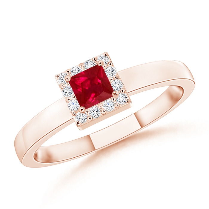 3mm AAA Square Ruby Halo Promise Ring with Diamonds in Rose Gold