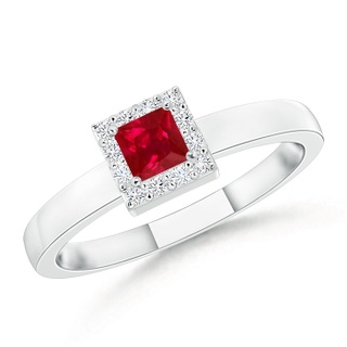 3mm AAA Square Ruby Halo Promise Ring with Diamonds in White Gold