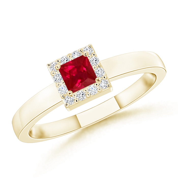 3mm AAA Square Ruby Halo Promise Ring with Diamonds in Yellow Gold 