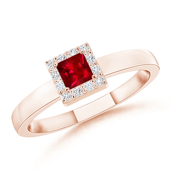 3mm AAAA Square Ruby Halo Promise Ring with Diamonds in Rose Gold