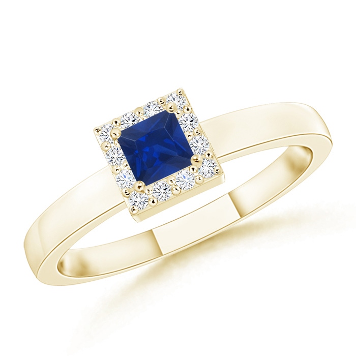 3mm AAA Square Sapphire Halo Promise Ring with Diamonds in Yellow Gold 