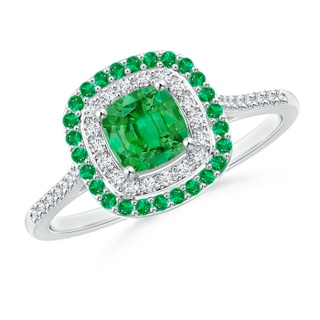 5mm AAA Emerald and Diamond Double Halo Ring in White Gold