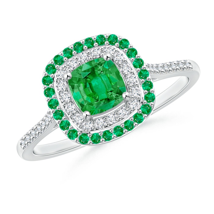 5mm AAA Emerald and Diamond Double Halo Ring in White Gold 