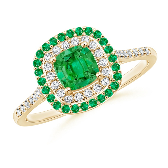5mm AAA Emerald and Diamond Double Halo Ring in Yellow Gold